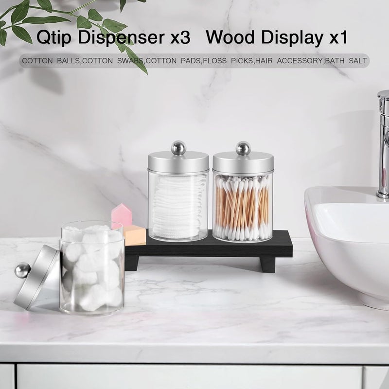 MKOSAB 3 Pcs Qtip Holder,Clear Apothecary Jars with Wooden Tray for Cotton Balls,Swabs,Farmhouse Decor Bathroom Vanity Organizers Accessories for Makeup Brushes,Lipstick Storage (Silver) - Image 3
